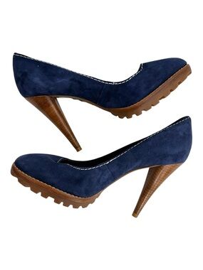 Dune Navy Suede Platform Pumps Wooden Heel Shoes Size 39 EU / US 8 Minimalist